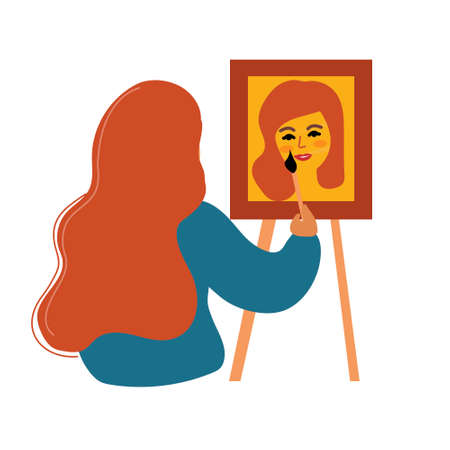 Girl artist draws a self portrait. Woman learning drawing at home, hobbies concept. Vector illustration.のイラスト素材