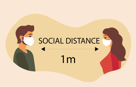 Social distance, self-isolation coronavirus prevention. The guy and the girl in masks stand in the...