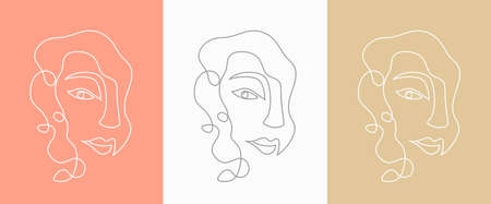Girls Faces in line art modern trendy style. Abstract woman face one line. Vector illustration.のイラスト素材