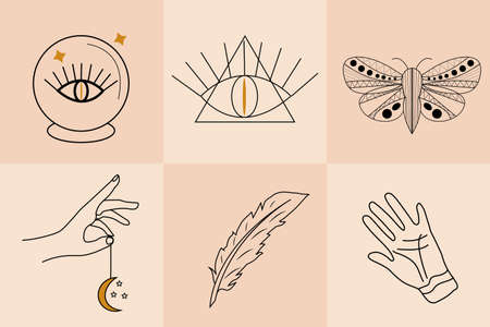Magic Hand drawn, doodle, sketch line style set. Witchcraft symbols.Ethnic esoteric collection with hands, moon. Vector illustration.のイラスト素材