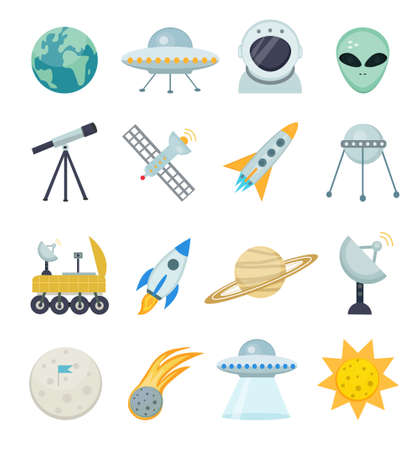 Space icon set flat style.Astronomical Cosmos collection with telescope, moon rover, saturn, rocket, astronaut, satellite, sun.Vector illustration.のイラスト素材