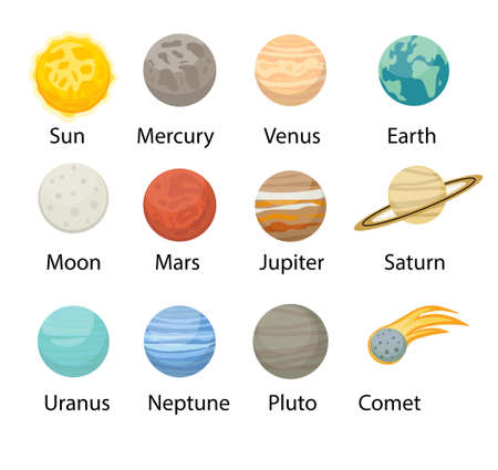 Planet solar system icons flat style. Planets collection with sun, mercury, mars, earth, uranium, neptune, mars, pluto, venus. Children's educational vector illustration.のイラスト素材
