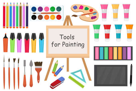 Art tools flat style icon set. Drawing tool, artist objects collection with markers, paints, pencils, brushes, tablet, stylus. School accessories. Vector illustration.のイラスト素材