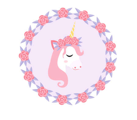 Cute little unicorn, modern cartoon style. Fairy pony with flowers. Vector illustration.のイラスト素材