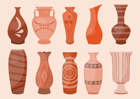 Ceramic Vases set, modern flat style. Antique Pottery classic pot and bowl. Handmade decorated ceramic vase and jar. Vector illustration.のイラスト素材