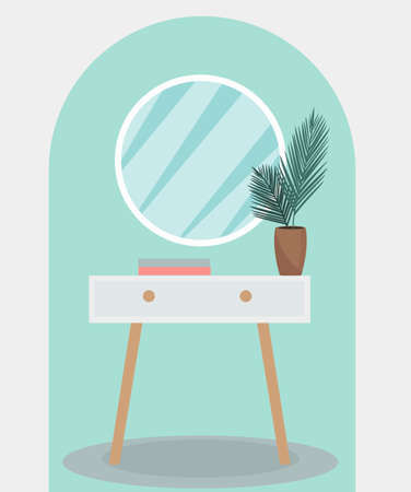 Round mirror on a vintage pedestal table in the bedroom. Modern trendy interior design. Plant in the room, retro furniture. Vector illustration.のイラスト素材