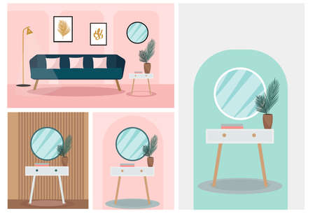 Modern trendy interior design . Plant in the room, retro furniture,Velvet sofa in the living room, Round mirror on a vintage pedestal table in the bedroom. Vector illustration.のイラスト素材