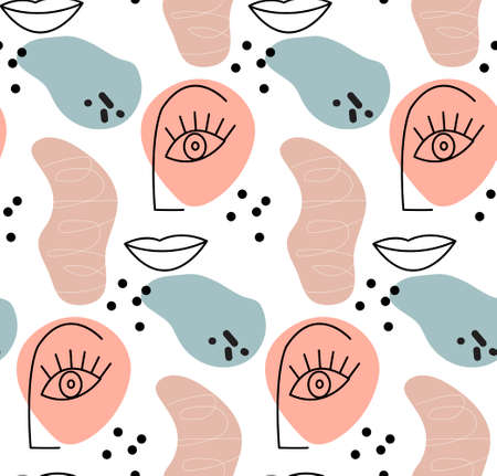 Abstract pattern in modern hipster style with one line woman face. Trendy endless texture, background. Vector illustration.のイラスト素材