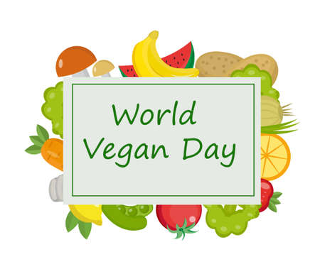 World Vegan Day. Vegetables and fruits, healthy food, weight loss, raw food concept template. Vector illustration.のイラスト素材