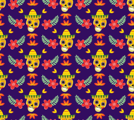 Day of the Dead Mexican seamless pattern. Dia de los muertos repeating texture. sugar skull, skeleton, flowers endless background. Vector illustration.のイラスト素材
