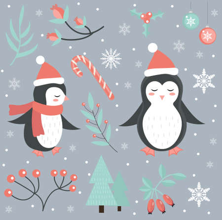 Cute penguin in the winter forest set of objects. Collection of design elements with snowflakes and a Christmas tree. Merry christmas postcard. Vector illustrationのイラスト素材