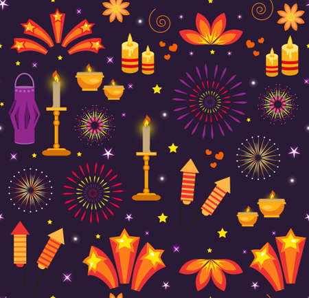 Diwali seamless pattern, india holiday lights repeating texture. Vector illustration background.