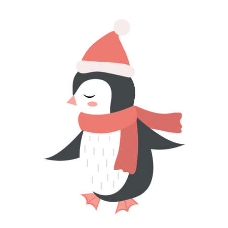 Cute penguin christmas icon flat, cartoon style. Vector illustration.のイラスト素材
