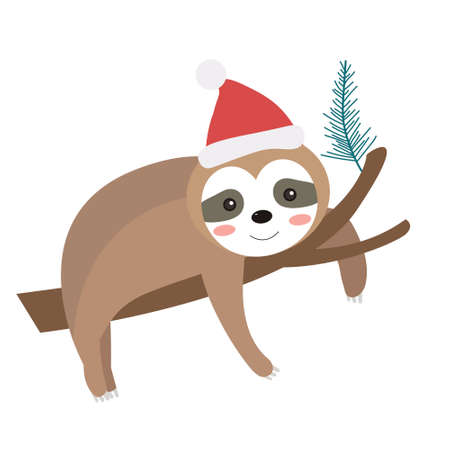 Cute christmas sloth icon flat, cartoon style. Vector illustration.のイラスト素材