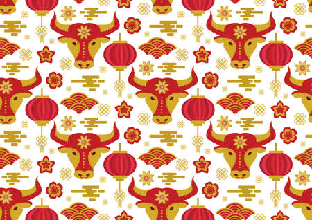 Chinese New Year seamless pattern. Year of the bull 2021 Repeating texture, background. Vector illustration.のイラスト素材