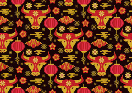 Chinese New Year seamless pattern. Year of the bull 2021 Repeating texture, background. Vector...