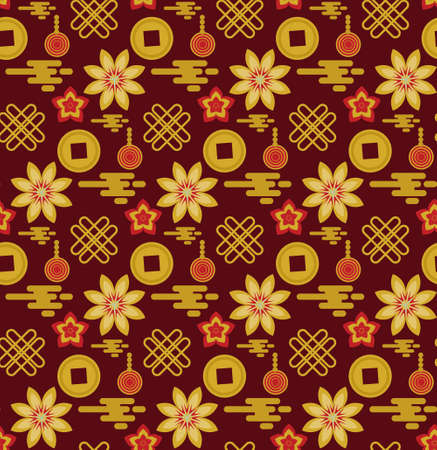 Chinese style red gold seamless pattern. Repeating texture, background. Vector illustration.のイラスト素材