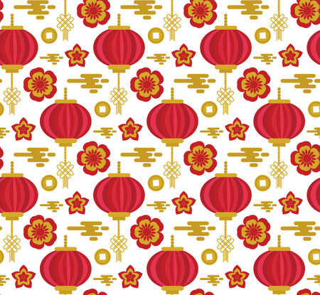 Chinese style red gold seamless pattern. Repeating texture, background. Vector illustration.のイラスト素材
