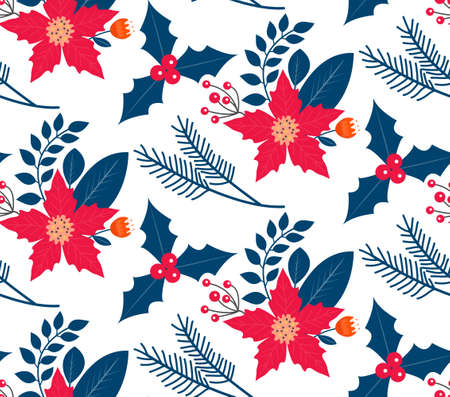 Christmas plants seamless pattern. Merry christmas repeating texture winter flowers.Tileable Holiday background.のイラスト素材