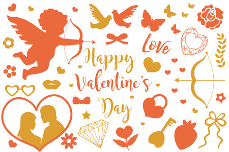 Happy Valentine s Day icon set of stencil silhouettes. Cute romance love collection of design elements with cupid, heart, couple, pigeons, diamond, butterfly, flowers. Vector illustration.のイラスト素材