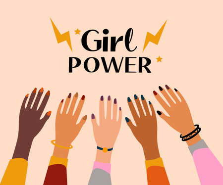 International Women s Day 8 March. Feminism female hands together greeting card. Girls power. Fight for freedom, independence, equality. Vector illustrationのイラスト素材