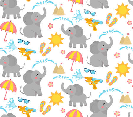 Songkran festival in Thailand. Colorful seamless Pattern with gun,elephant, water.のイラスト素材