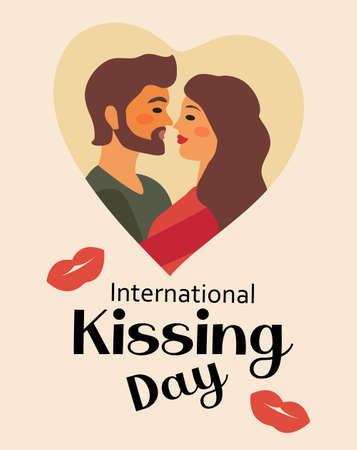 World kiss day postcard. International kissing day couple in love, romance, lovers. Vector illustration.のイラスト素材