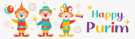 Happy purim banner template with clowns. Purim Carnival in Israel, Jewish holiday. Vector illustration.のイラスト素材