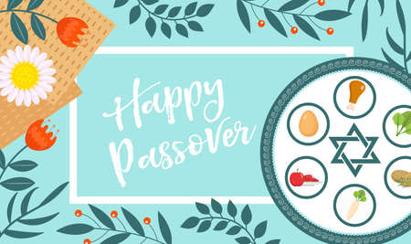 Passover greeting card, poster, invitation, flyer. Pesach template for your design with matzah and spring flowers. Happy Passover inscription. Jewish holiday background. Vector illustration.のイラスト素材