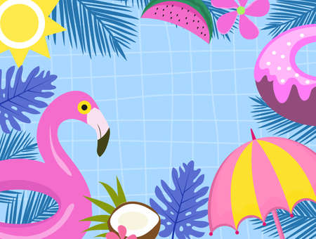 Tropical background banner. Summer pool with beach party element, flamingo swimming circle, donut. Vector illustration.のイラスト素材