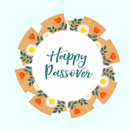 Passover greeting card, poster, invitation, flyer. Pesach template for your design with matzah and spring flowers. Happy Passover inscription. Jewish holiday background. Vector illustration.のイラスト素材
