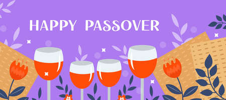 Passover banner. Pesach template for your design with matzah and spring flowers. Happy Passover inscription. Jewish holiday background. Vector illustration.のイラスト素材