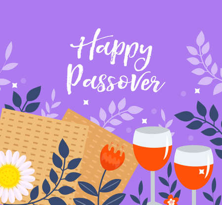 Passover greeting card, poster, invitation, flyer. Pesach template for your design with matzah and spring flowers. Happy Passover inscription. Jewish holiday background. Vector illustration.のイラスト素材