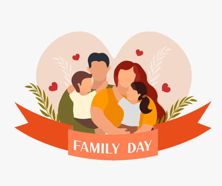Family day. Happy international day of families. Cute couple with childrens, father and mother hug children with love. Vector illustration.のイラスト素材