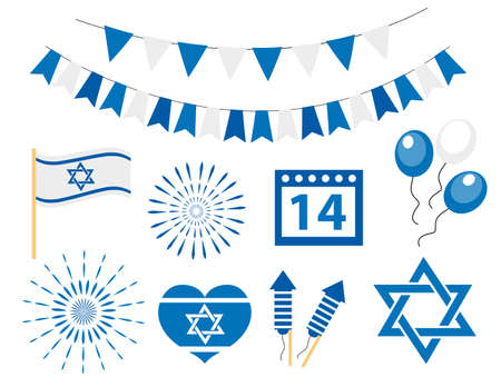 Happy israel independence day icons set. Jewish holiday, flag, bunting, star of david, fireworks. Vector illustrationのイラスト素材