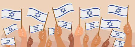 Happy Israel Independence Day banner, hands hold israel flag. Jewish National Holidays. Vector illustration.のイラスト素材