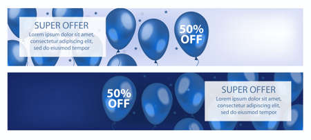 Banners set with a special offer, sales, discounts. Blue festive balloons. Vector illustration.のイラスト素材
