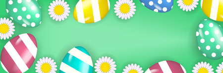 Happy Easter banner poster with realistic Easter eggs and flowers. Spring cute template for your design. Vector illustration.のイラスト素材