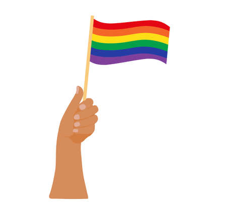 LGBT Pride Month holiday, People hold rainbow flag. Hands with flags. Vector illustrationのイラスト素材
