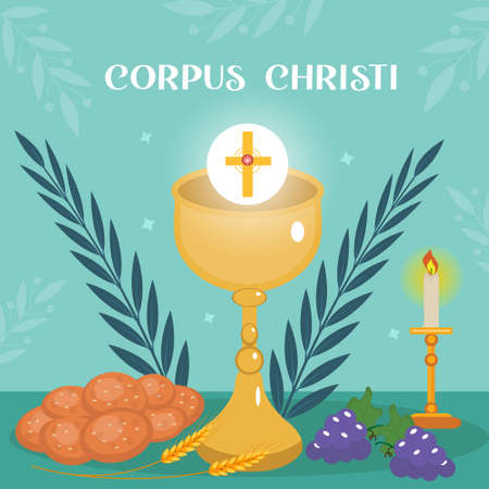 Corpus Christi Catholic religious holiday greeting card, template for your design. Feast Day, cross, bread, grapes. Vector illustrationのイラスト素材