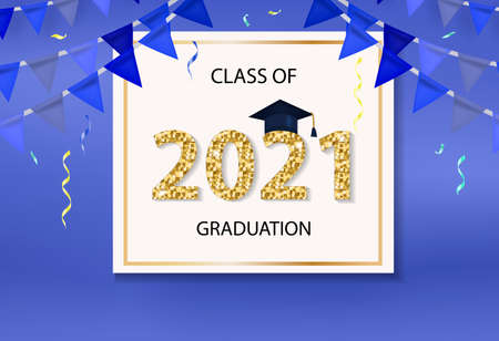Class of 2021 graduation congratulation template for your design with graduation hat and shiny numbers. Vector illustrationのイラスト素材