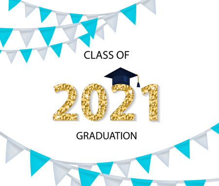 Class of 2021 graduation congratulation template for your design with graduation hat and shiny numbers. Vector illustrationのイラスト素材