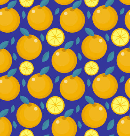 Tropical seamless pattern with orange on a blue background. Fruit repeated texture. Fruit bright print for fabric or wallpaper. Vector illustrationのイラスト素材