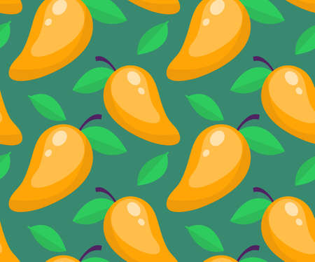 Tropical seamless pattern with mango on a green background. Fruit repeated texture. Fruits bright print for fabric or wallpaper. Vector illustrationのイラスト素材
