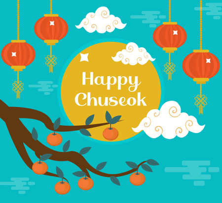 Happy Chuseok, Mid autumn festival card, poster template for your design. Persimmons Tree Branch, Korean Thanksgiving and Harvest Festival. Vector illustrationのイラスト素材