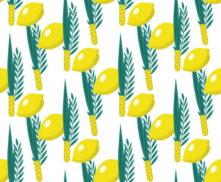 Happy Sukkot seamless pattern. Jewish holiday huts endless background. Repeating texture with etrog, lulav, Arava, Hadas. Vector illustration.のイラスト素材