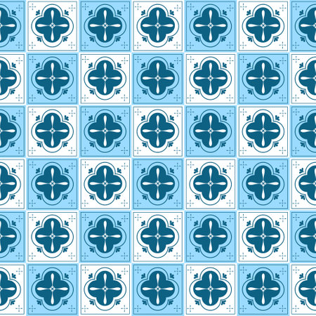 Sicilian Blue Ceramic tile pattern, repeating texture print, background. Vector illustrationのイラスト素材