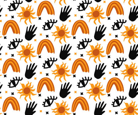 Happy halloween Boho abstract seamless pattern. Bohemian mystical magic print hand drawing style. creative contemporary aesthetic doodle endless texture, background. Vector illustrationのイラスト素材