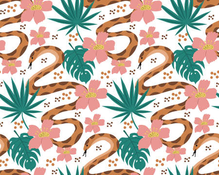 Beautiful seamless pattern with python and tropical leaves. flowers print with hand drawn exotic...