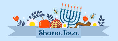 Happy Rosh Hashanah banner. Shana Tova template for your design with traditional symbols and flowers. Jewish holiday. Happy New Year in Israel. Vector illustration.のイラスト素材